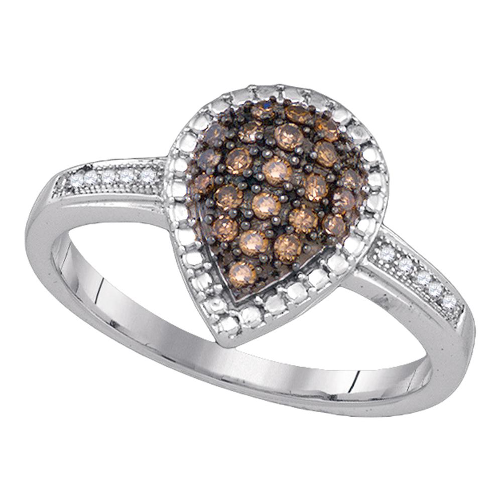 Sterling Silver Womens Round Brown Color Enhanced Diamond Teardrop Cluster Ring 1/5 Cttw
