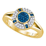 10kt Yellow Gold Womens Round Blue Color Enhanced Diamond Circle Cluster Ring 3/8 Cttw
