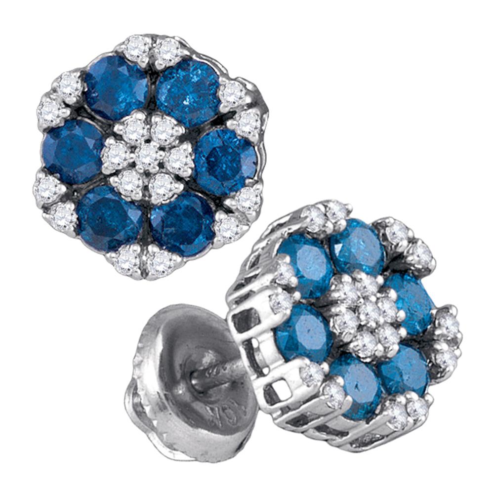 10kt White Gold Womens Round Blue Color Enhanced Diamond Cluster Screwback Earrings 1.00 Cttw