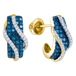 10kt Yellow Gold Womens Round Blue Color Enhanced Diamond Half J Hoop Earrings 1.00 Cttw