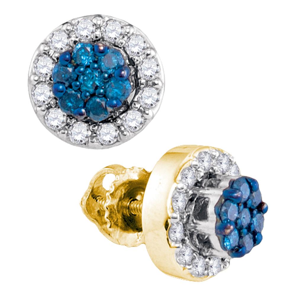 10kt Yellow Gold Womens Round Blue Color Enhanced Diamond Flower Cluster Earrings 1/2 Cttw