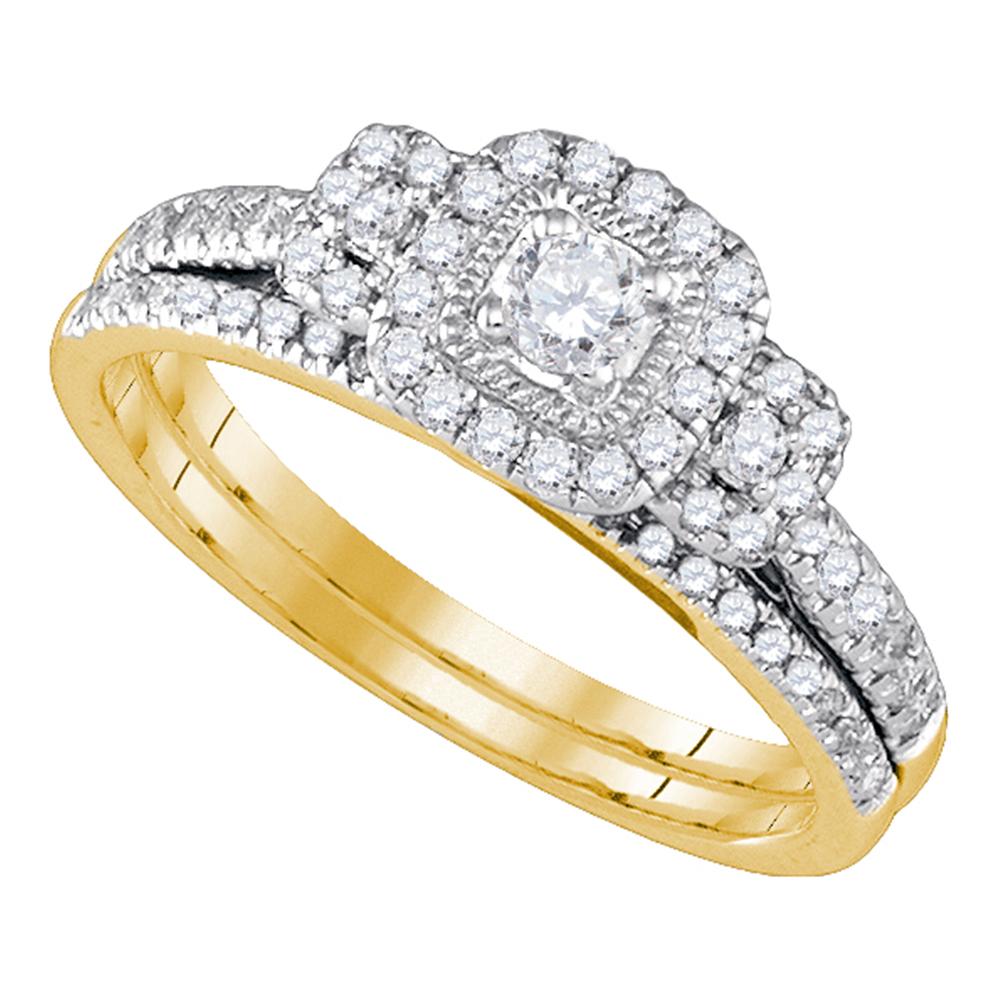 14kt Yellow Gold Womens Round Diamond Halo Bridal Wedding Engagement Ring Band Set 1/2 Cttw