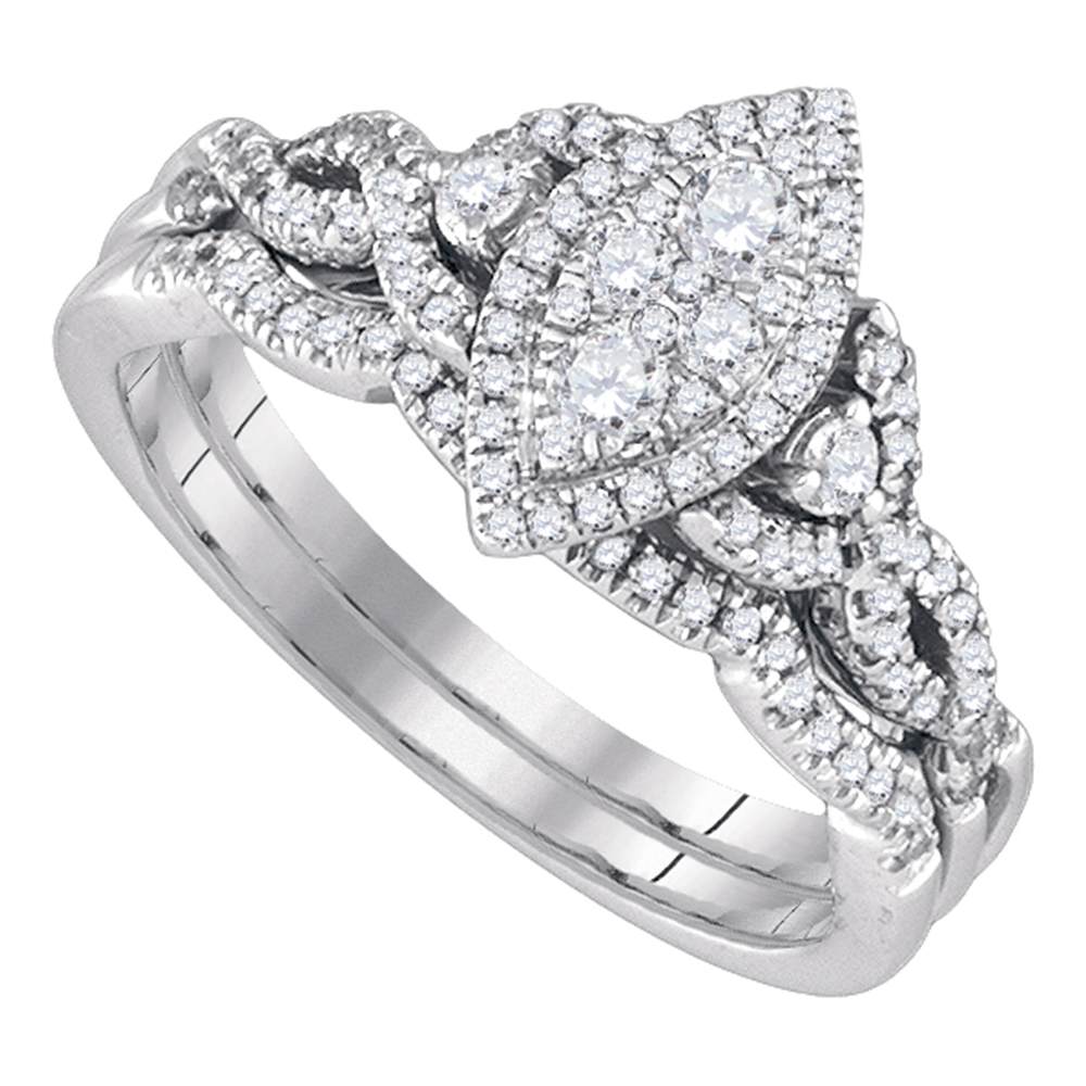 14k White Gold Round Diamond Marquise-shape Cluster Womens Wedding Bridal Ring Set 1/2 Cttw