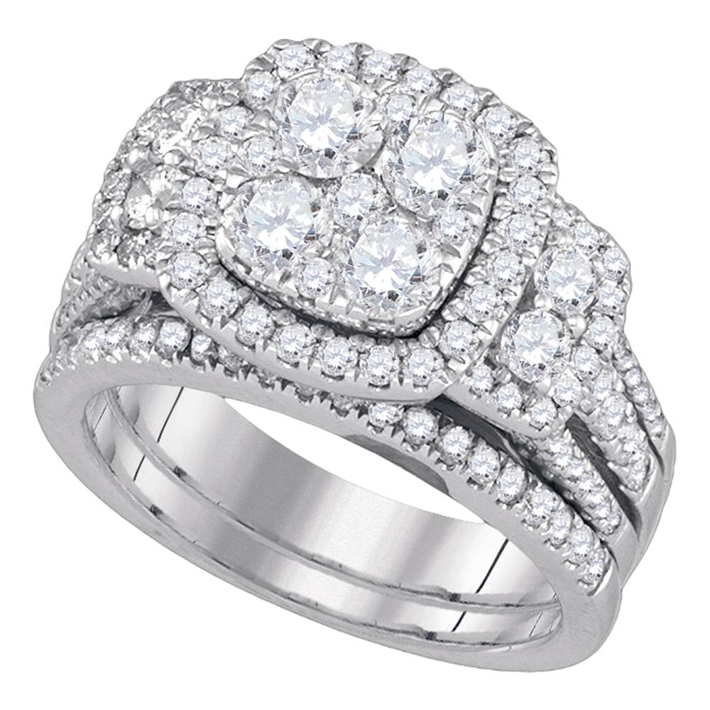 14kt White Gold Womens Round Diamond Cluster Bridal Wedding Engagement Ring Band Set 2.00 Cttw
