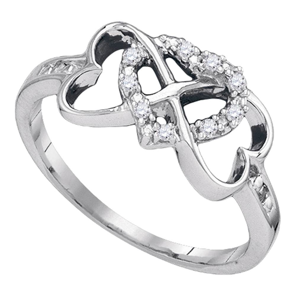 Sterling Silver Womens Round Diamond Triple Heart Love Ring 1/10 Cttw