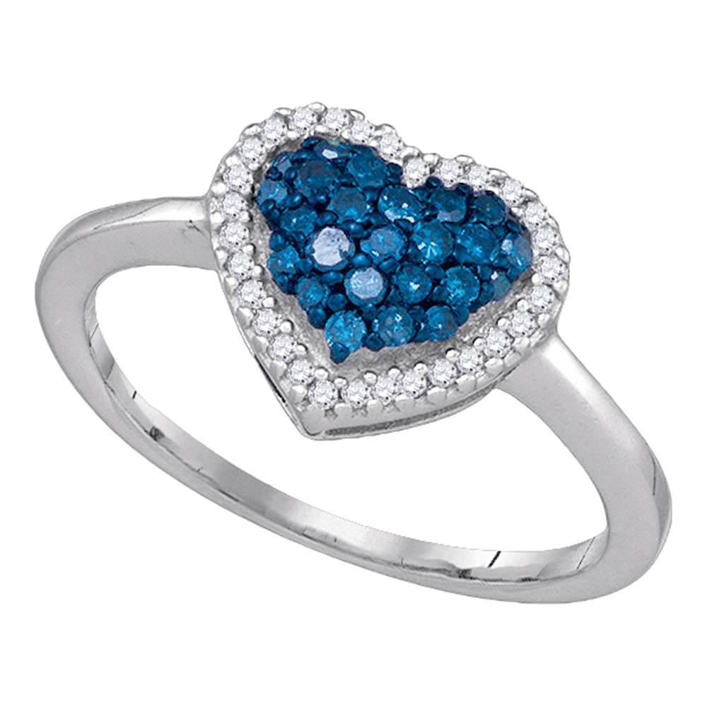 10k White Gold Womens Blue Color Enhanced Diamond Heart Love Cluster Anniversary Ring 1/3 Cttw