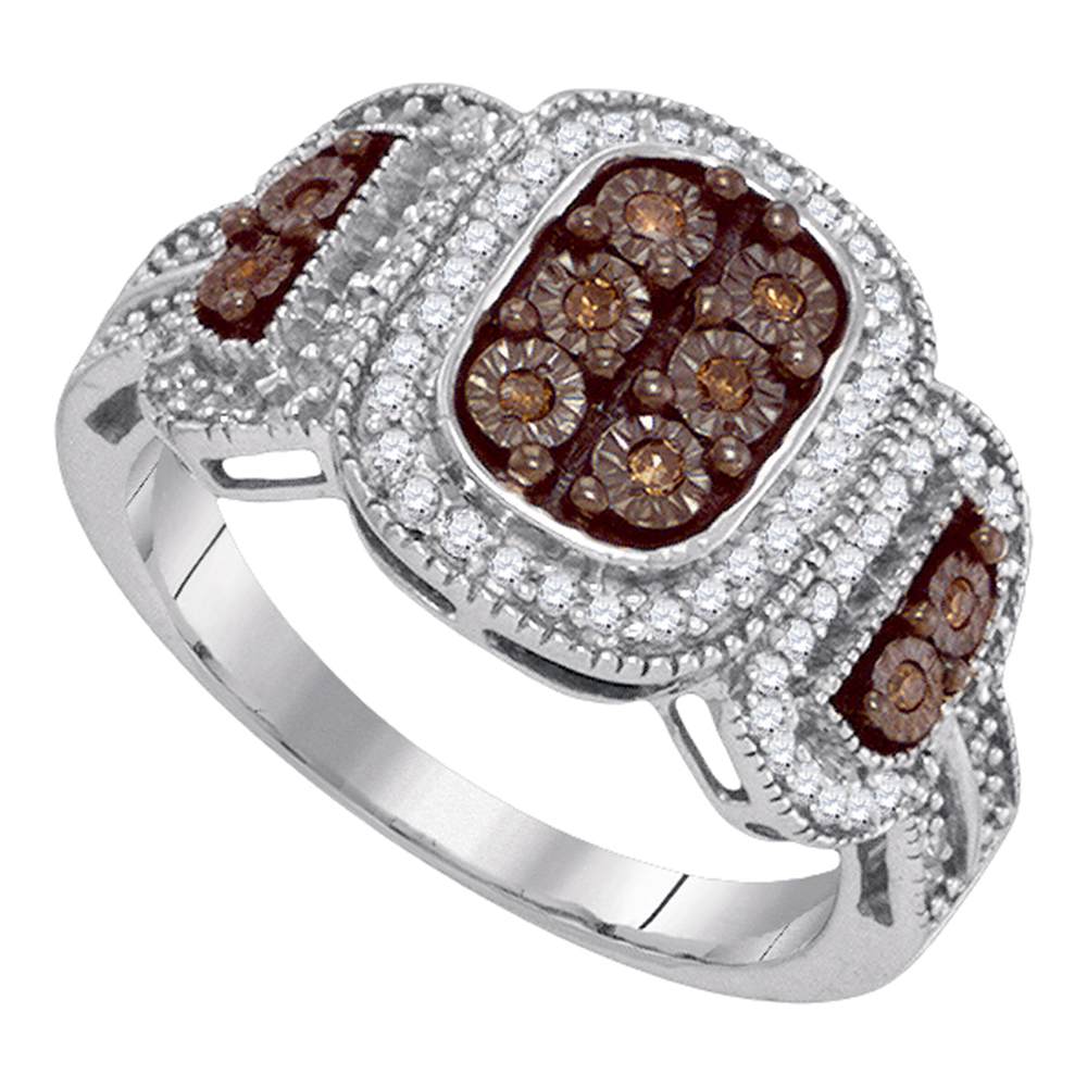 10kt White Gold Womens Round Cognac-brown Color Enhanced Diamond Cluster Ring 1/3 Cttw