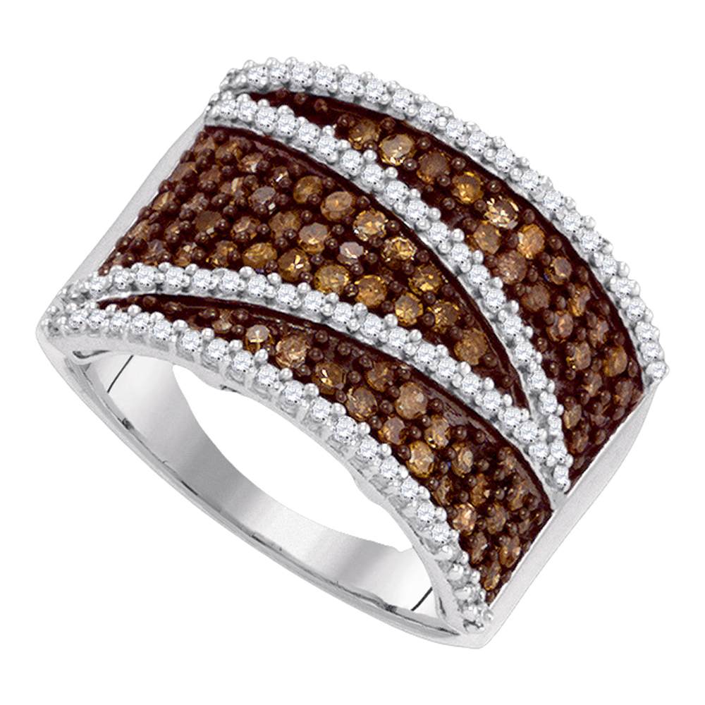 10kt White Gold Womens Round Cognac-brown Color Enhanced Diamond Stripe Band Ring 1.00 Cttw
