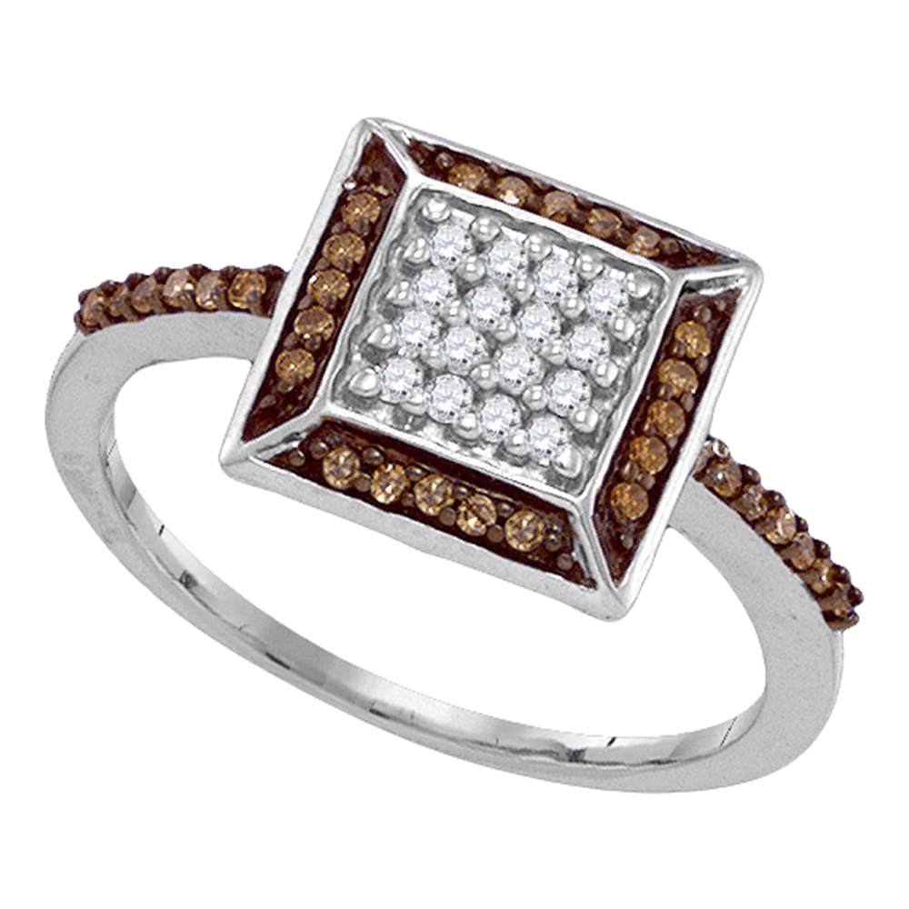 10kt White Gold Womens Round Cognac-brown Color Enhanced Diamond Square Frame Cluster Ring 1/4 Cttw