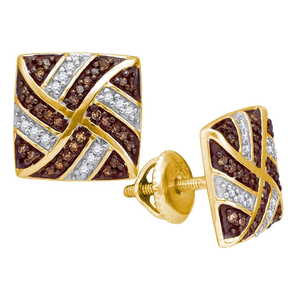 10kt Yellow Gold Womens Round Cognac-brown Color Enhanced Diamond Square Pinwheel Earrings 1/4 Cttw