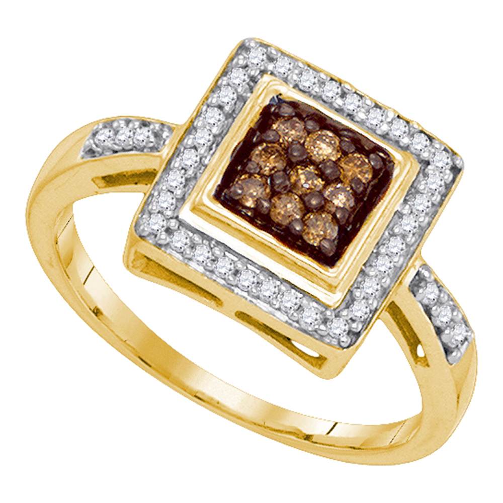 10kt Yellow Gold Womens Round Cognac-brown Color Enhanced Diamond Square Frame Cluster Ring 1/4 Cttw