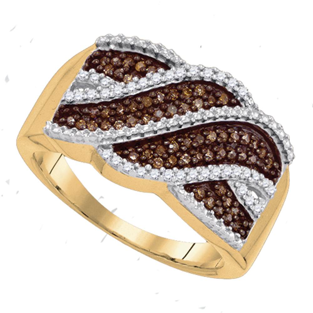 10kt Yellow Gold Womens Round Cognac-brown Color Enhanced Diamond Crossover Band 1/3 Cttw