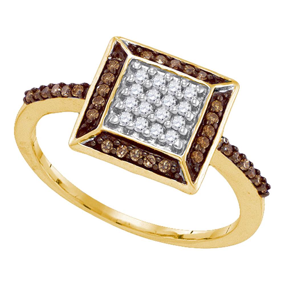 10kt Yellow Gold Womens Round Cognac-brown Color Enhanced Diamond Square Frame Cluster Ring 1/4 Cttw