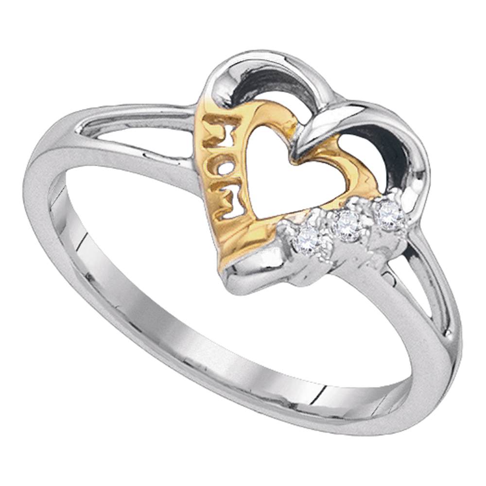 Sterling Silver Womens Round Diamond Mom Mother 2-tone Heart Ring .03 Cttw
