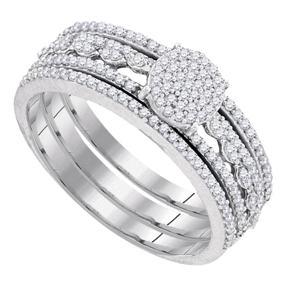 10kt White Gold Womens Round Diamond Cluster Bridal Wedding Engagement Ring Band 3-Piece Set 3/8 Cttw
