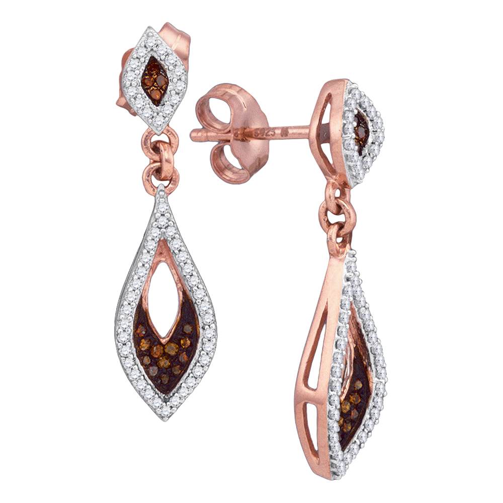 10kt Rose Gold Womens Round Red Color Enhanced Diamond Dangle Earrings 1/3 Cttw