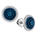 10kt White Gold Womens Round Blue Color Enhanced Diamond Concentric Cluster Earrings 1/2 Cttw