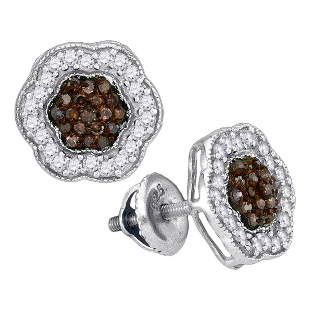 10kt White Gold Womens Round Cognac-brown Color Enhanced Diamond Polygon Cluster Earrings 1/2 Cttw