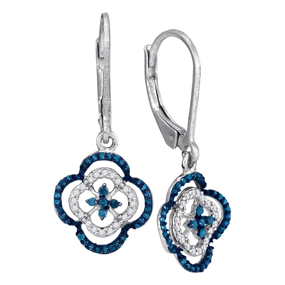 10kt White Gold Womens Round Blue Color Enhanced Diamond Quatrefoil Dangle Earrings 1/3 Cttw
