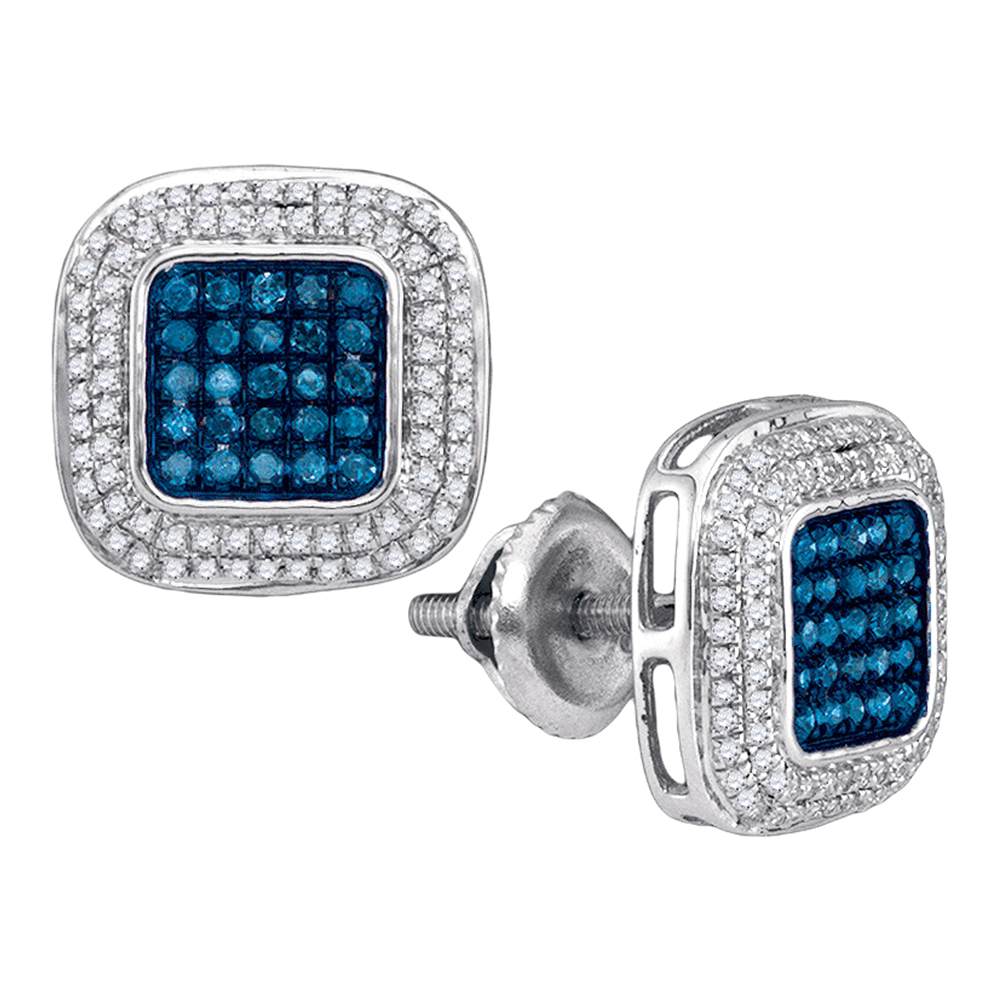 10kt White Gold Womens Round Blue Color Enhanced Diamond Square Frame Cluster Earrings 1/2 Cttw