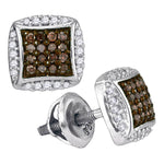 10kt White Gold Womens Round Cognac-brown Color Enhanced Diamond Square Cluster Earrings 1/3 Cttw