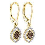 10kt Yellow Gold Womens Round Cognac-brown Color Enhanced Diamond Diagonal Square Dangle Earrings 1/3 Cttw