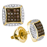 10kt Yellow Gold Womens Round Cognac-brown Color Enhanced Diamond Square Cluster Earrings 1/3 Cttw