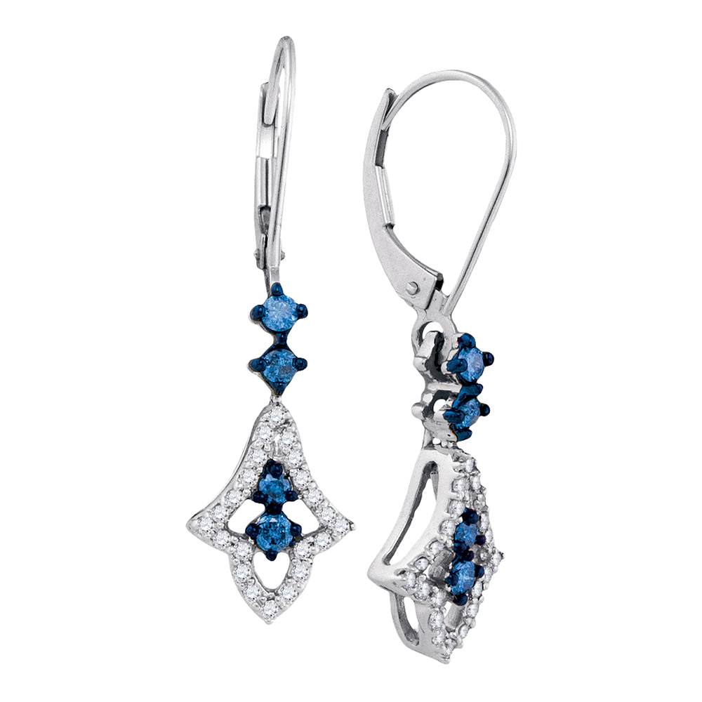 10kt White Gold Womens Round Blue Color Enhanced Diamond Hoop Dangle Earrings 1/2 Cttw