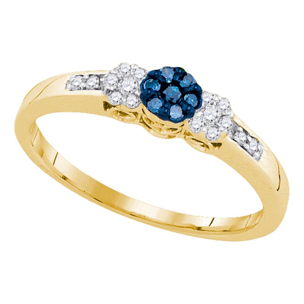 10kt Yellow Gold Womens Round Blue Color Enhanced Diamond Triple Cluster Ring 1/5 Cttw