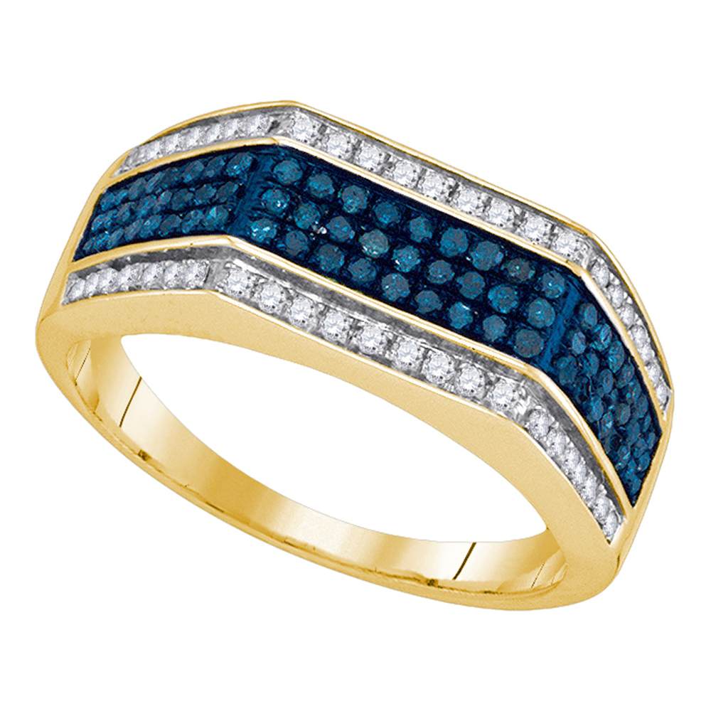 10kt Yellow Gold Mens Round Blue Color Enhanced Diamond Triple Stripe Flat Surface Band 3/4 Cttw