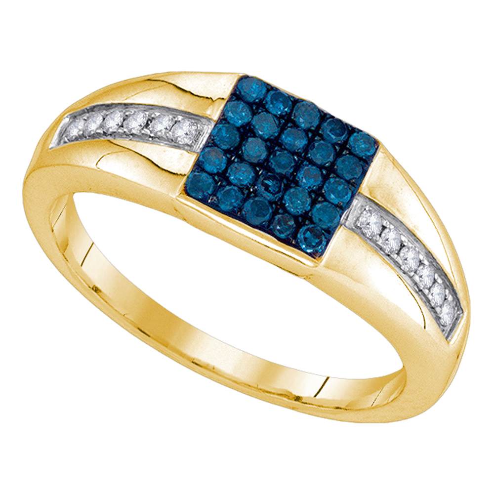 10kt Yellow Gold Mens Round Blue Color Enhanced Diamond Square Cluster Ring 1/2 Cttw