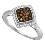 10kt White Gold Womens Round Cognac-brown Color Enhanced Diamond Diagonal Square Cluster Ring 1/3 Cttw