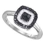 10kt White Gold Womens Round Black Color Enhanced Diamond Concentric Square Cluster Ring 3/8 Cttw