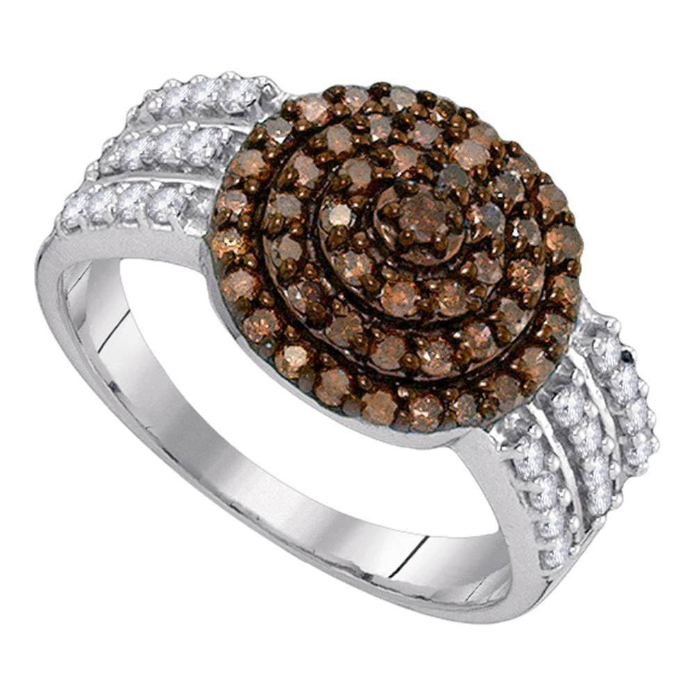 10kt White Gold Womens Round Cognac-brown Color Enhanced Diamond Concentric Cluster Ring 3/4 Cttw