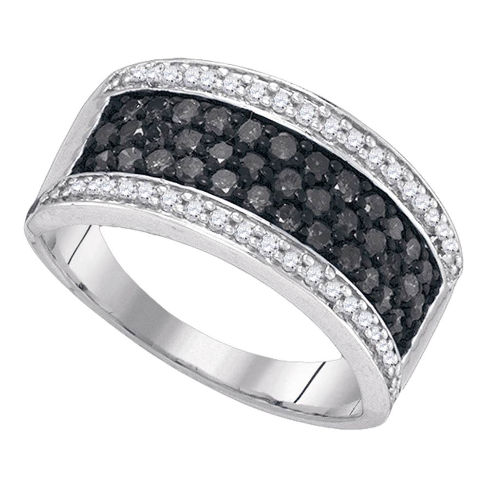 10kt White Gold Womens Round Black Color Enhanced Diamond Horizontal Stripe Band Ring 1.00 Cttw