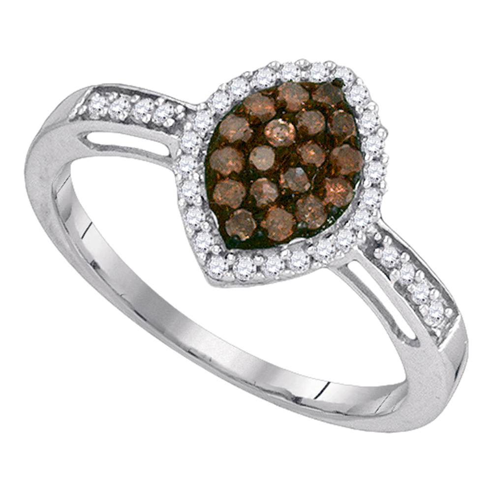 10kt White Gold Womens Round Cognac-brown Color Enhanced Diamond Oval Frame Cluster Ring 1/3 Cttw