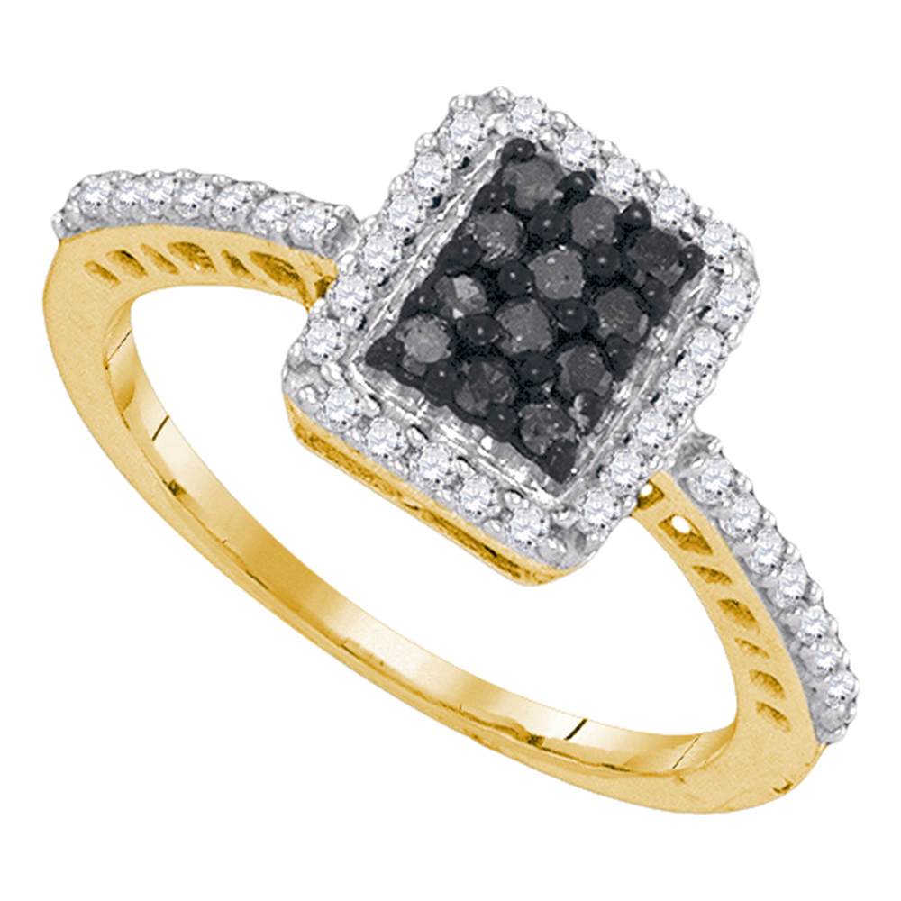 10kt Yellow Gold Womens Round Black Color Enhanced Diamond Cluster Ring 3/8 Cttw