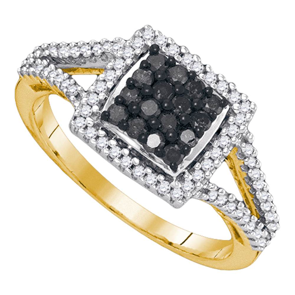 10kt Yellow Gold Womens Round Black Color Enhanced Diamond Square Frame Cluster Ring 1/2 Cttw