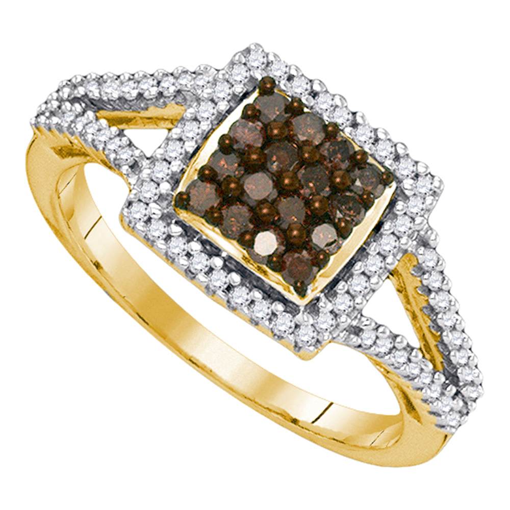 10kt Yellow Gold Womens Round Cognac-brown Color Enhanced Diamond Square Cluster Ring 1/2 Cttw