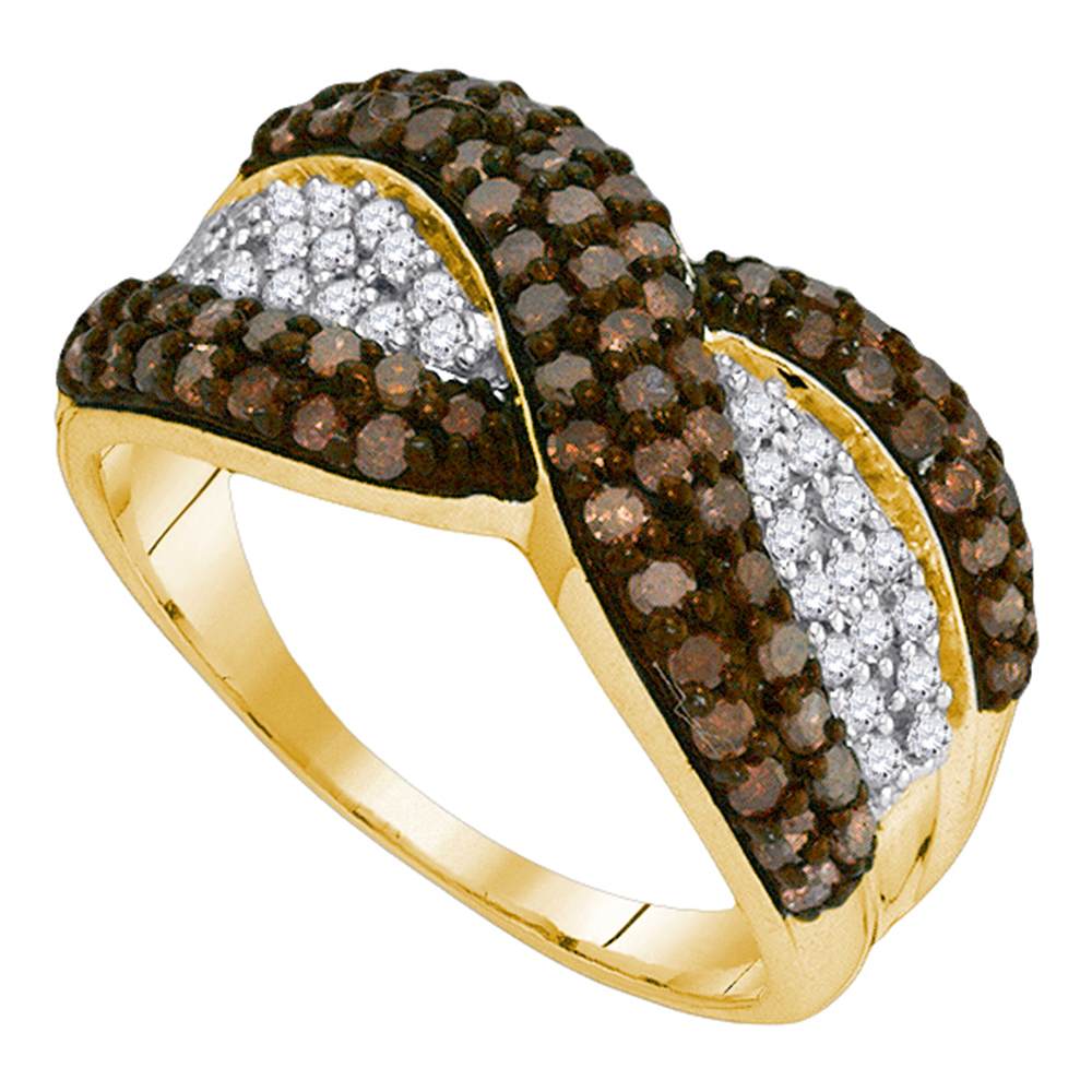 10kt Yellow Gold Womens Round Cognac-brown Color Enhanced Diamond Crossover Stripe Band Ring 1.00 Cttw
