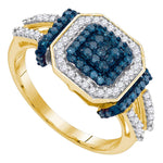 10kt Yellow Gold Womens Round Blue Color Enhanced Diamond Square Cluster Ring 1/2 Cttw