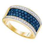 10kt Yellow Gold Womens Round Blue Color Enhanced Diamond Triple Stripe Band 1.00 Cttw