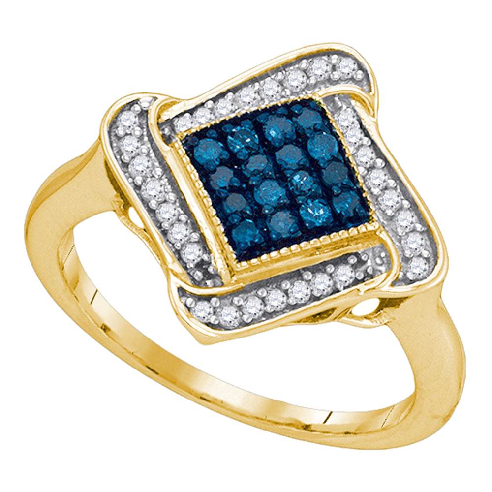 10kt Yellow Gold Womens Round Blue Color Enhanced Diamond Cluster Ring 1/3 Cttw