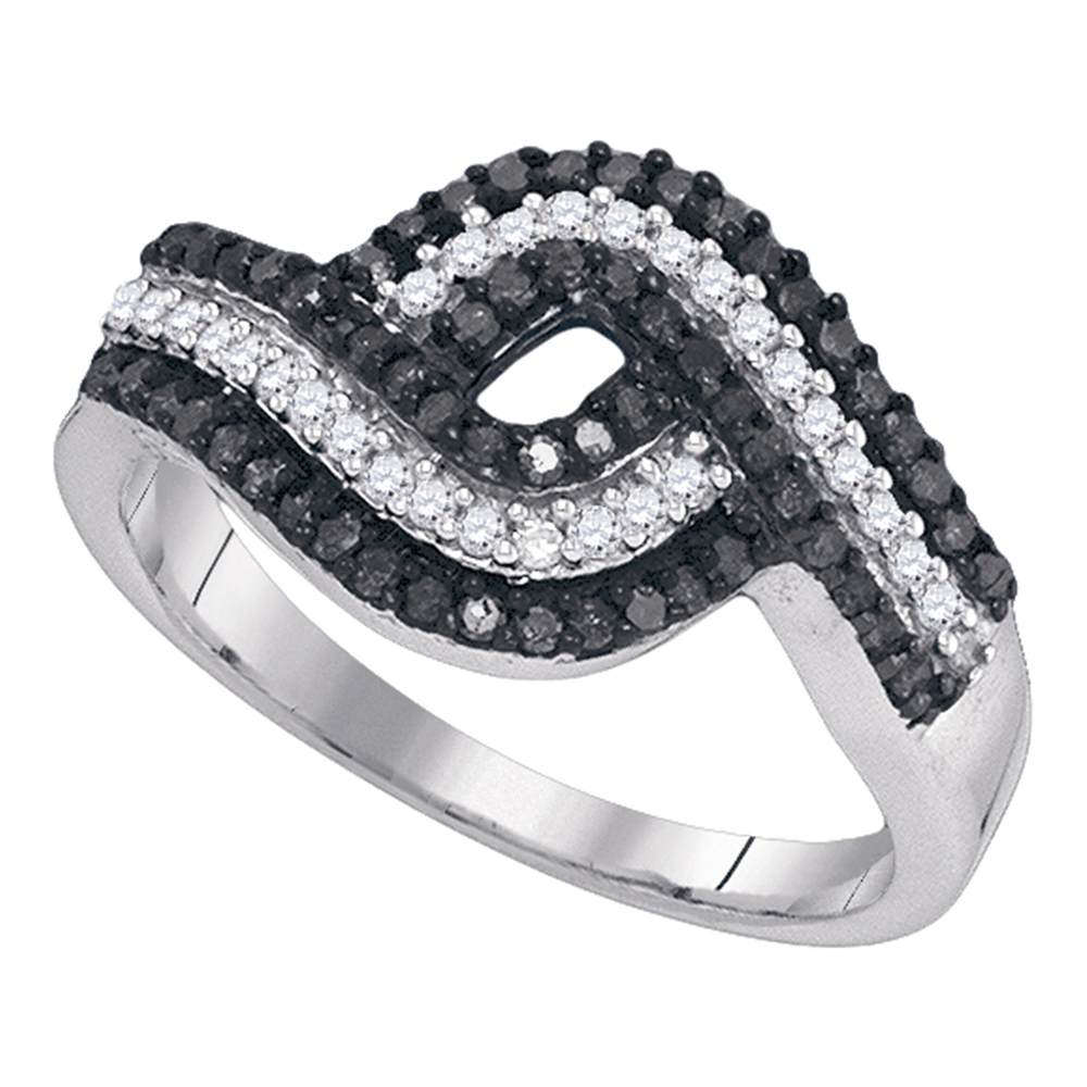 10k White Gold Black Color Enhanced Round Diamond Womens Woven Striped Cocktail Band 1/2 Cttw
