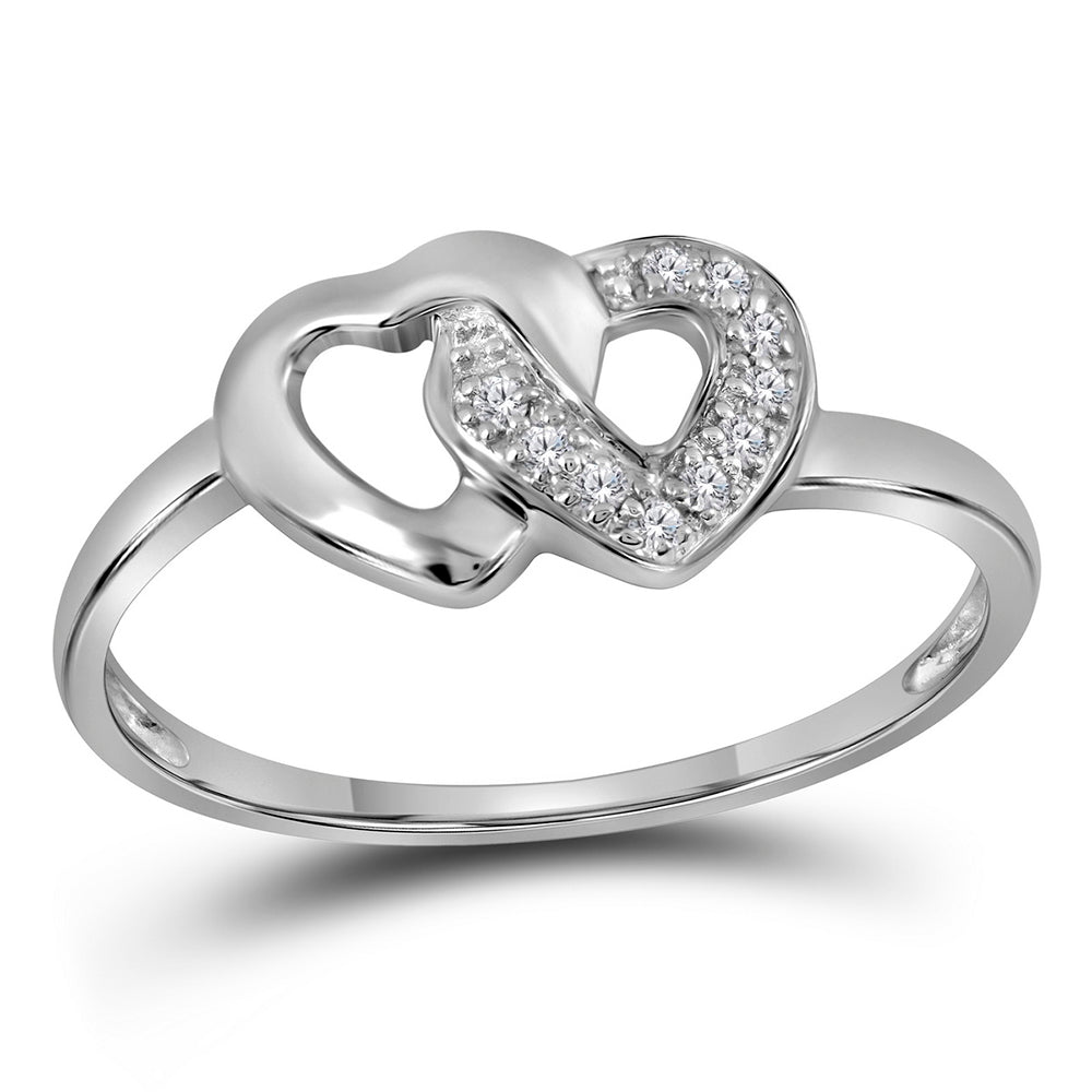 Sterling Silver Womens Round Diamond Double Linked Heart Ring 1/20 Cttw