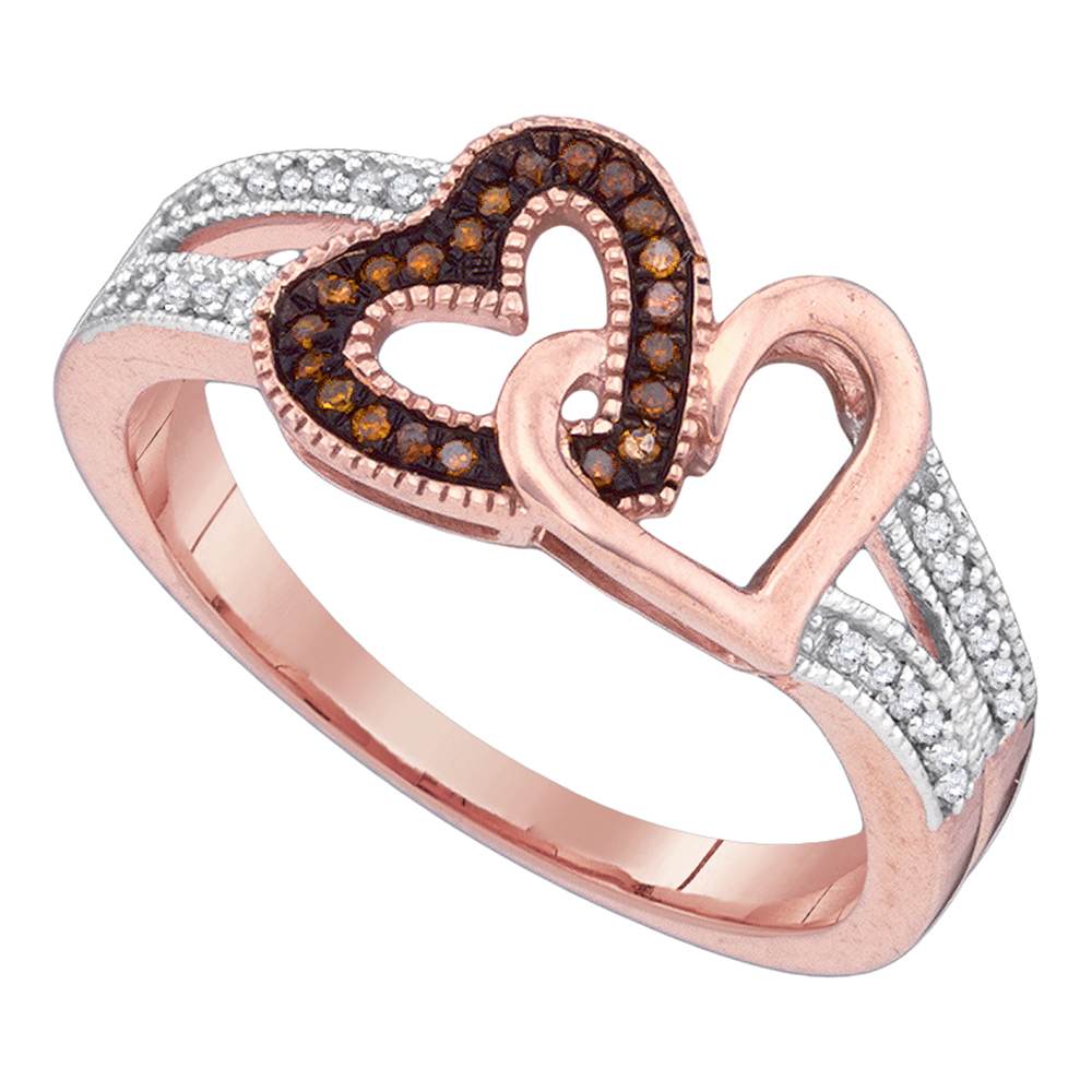10kt Rose Gold Womens Round Red Color Enhanced Diamond Double Heart Love Ring 1/6 Cttw
