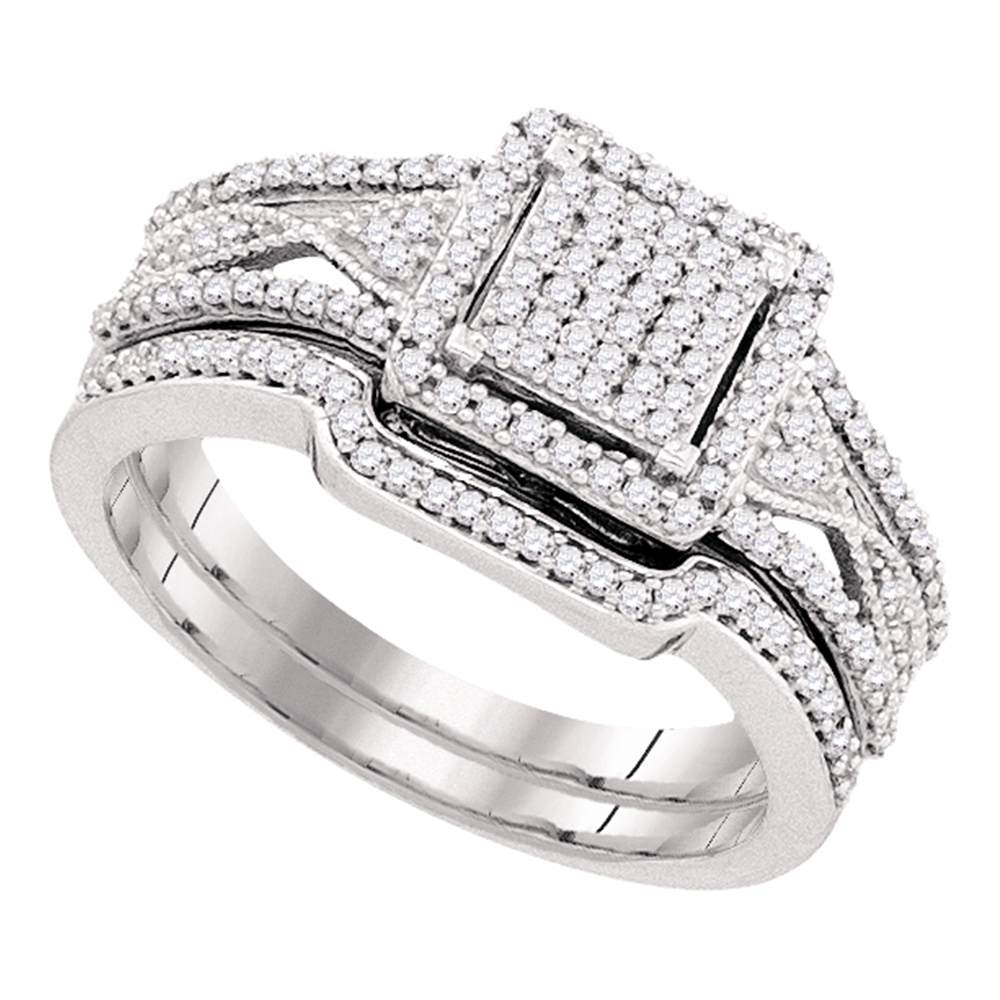 10kt White Gold Womens Diamond Cluster Bridal Wedding Engagement Ring Band Set 3/8 Cttw