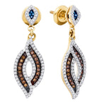 10kt Yellow Gold Womens Round Brown Blue Color Enhanced Diamond Dangle Earrings 1/2 Cttw