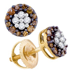 10kt Yellow Gold Womens Round Cognac-brown Color Enhanced Diamond Cluster Earrings 1/3 Cttw