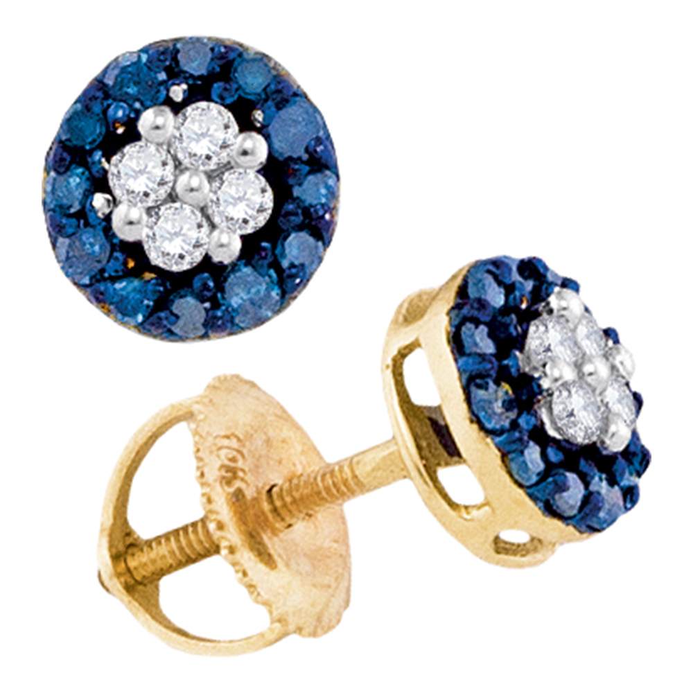 10k Yellow Gold Blue Color Enhanced Round Cluster Diamond Womens Screwback Stud Earrings 1/3 Cttw